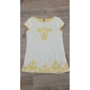 KAS Designs Women's White Tunic‎ Top with Yellow Embroidery Size Medium